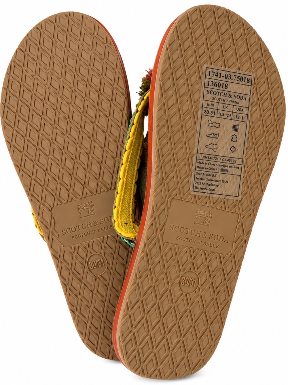 Scotch & Soda Maroon Flip Flops with Pink & Olive Pom-Poms - Picture 2 of 3